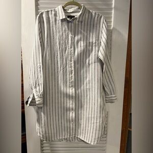 Quince European Linen shirt dress // oatmeal + black pinstripe // size small
